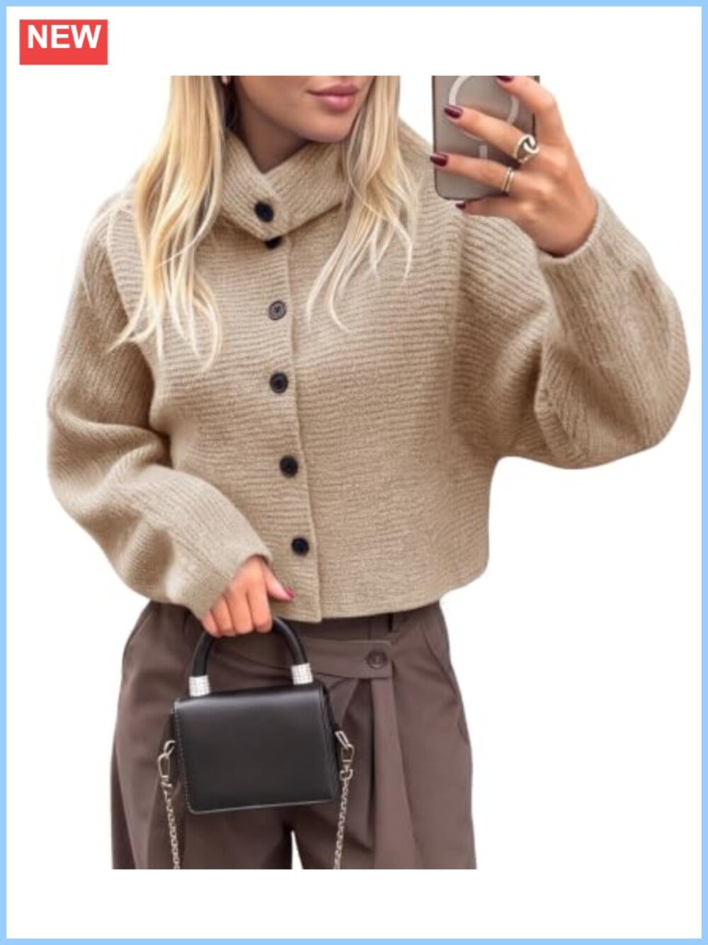 Women's Mock Neck Button Down Cropped Cardigan Sweater